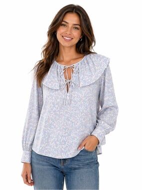 H&M Long Sleeve Blouse Women’s Small Pink & Blue Pastel Floral Print Ruffle Neck